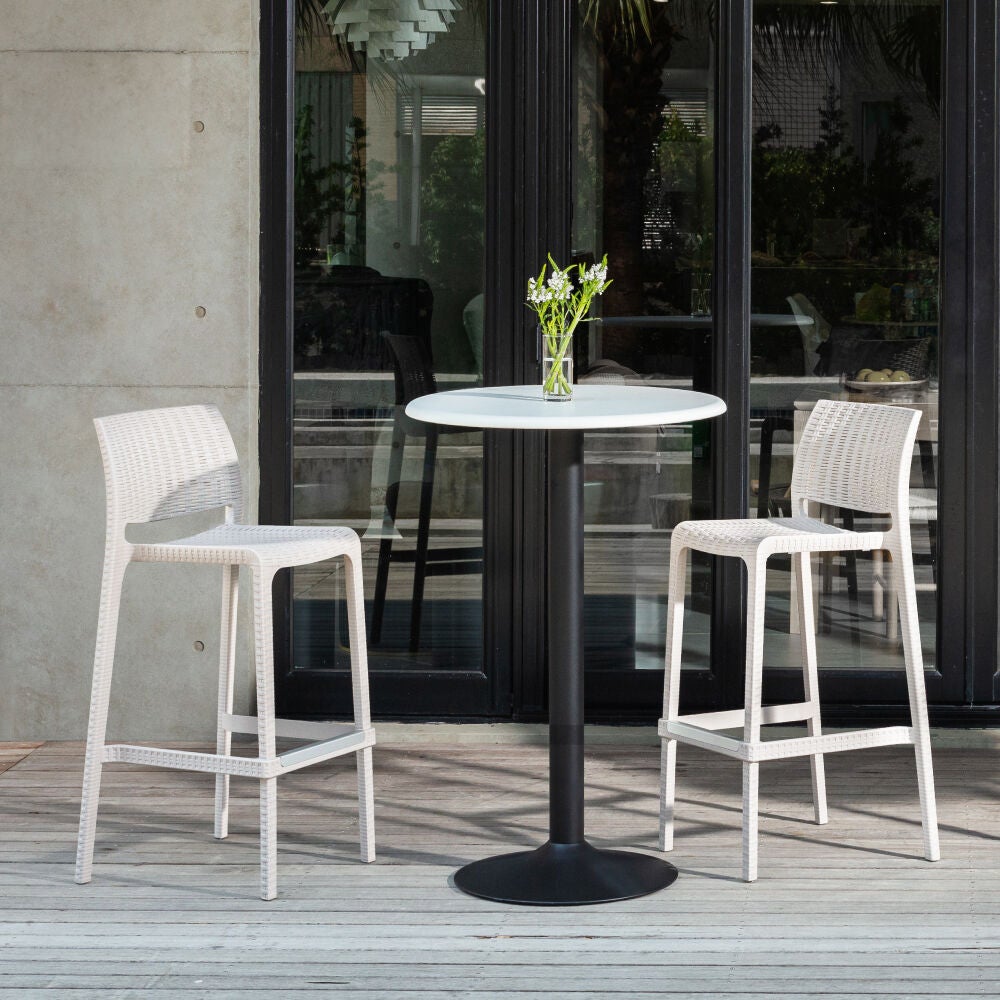 Two-pack Rue outdoor stackable counter stools with white seats