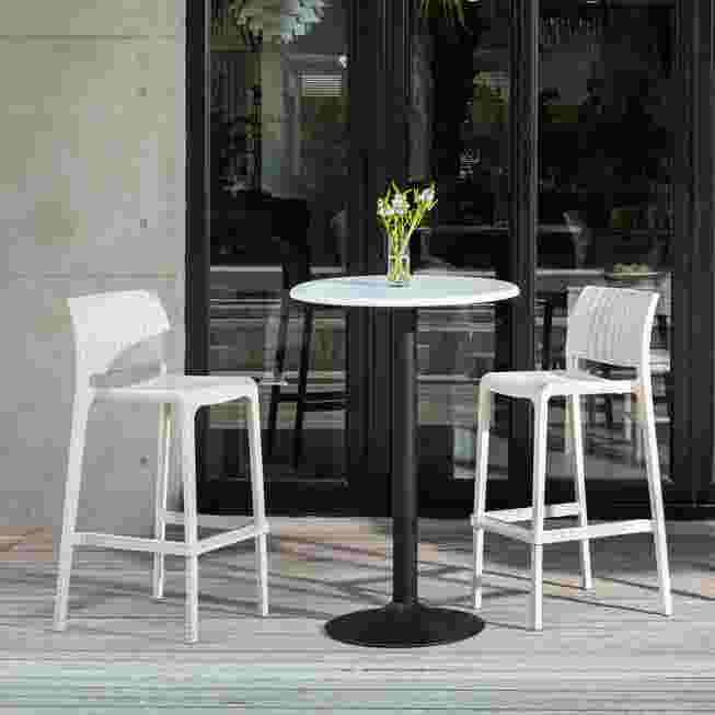 Two-pack Rue outdoor stackable counter stools with white seats