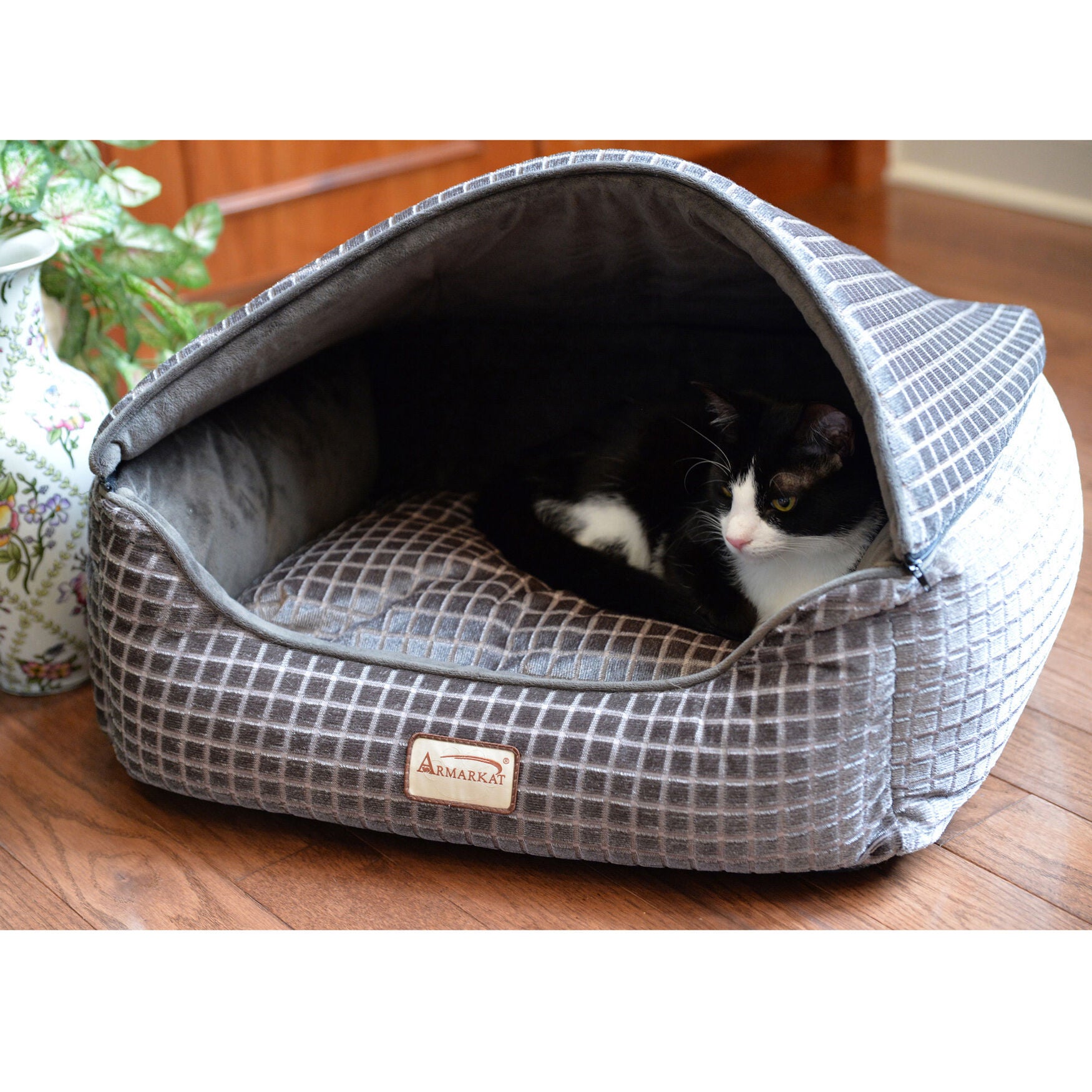 Cuddle Cave Cat Bed With Detachable & Collasible Zipper Top, Removable Cushion Mat, Bronze & Silver, , on-hover image number 1