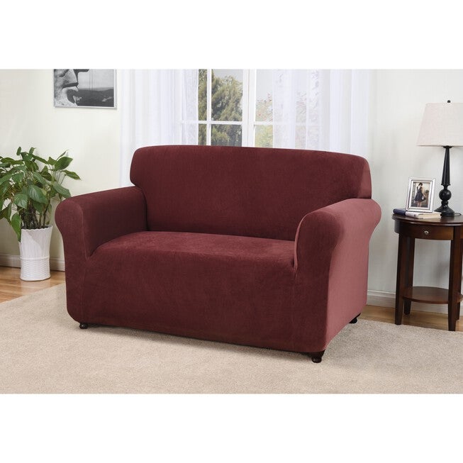 Kathy Ireland Knit Pique Loveseat Slipcover Furniture Protector, BURGUNDY, hi-res image number null