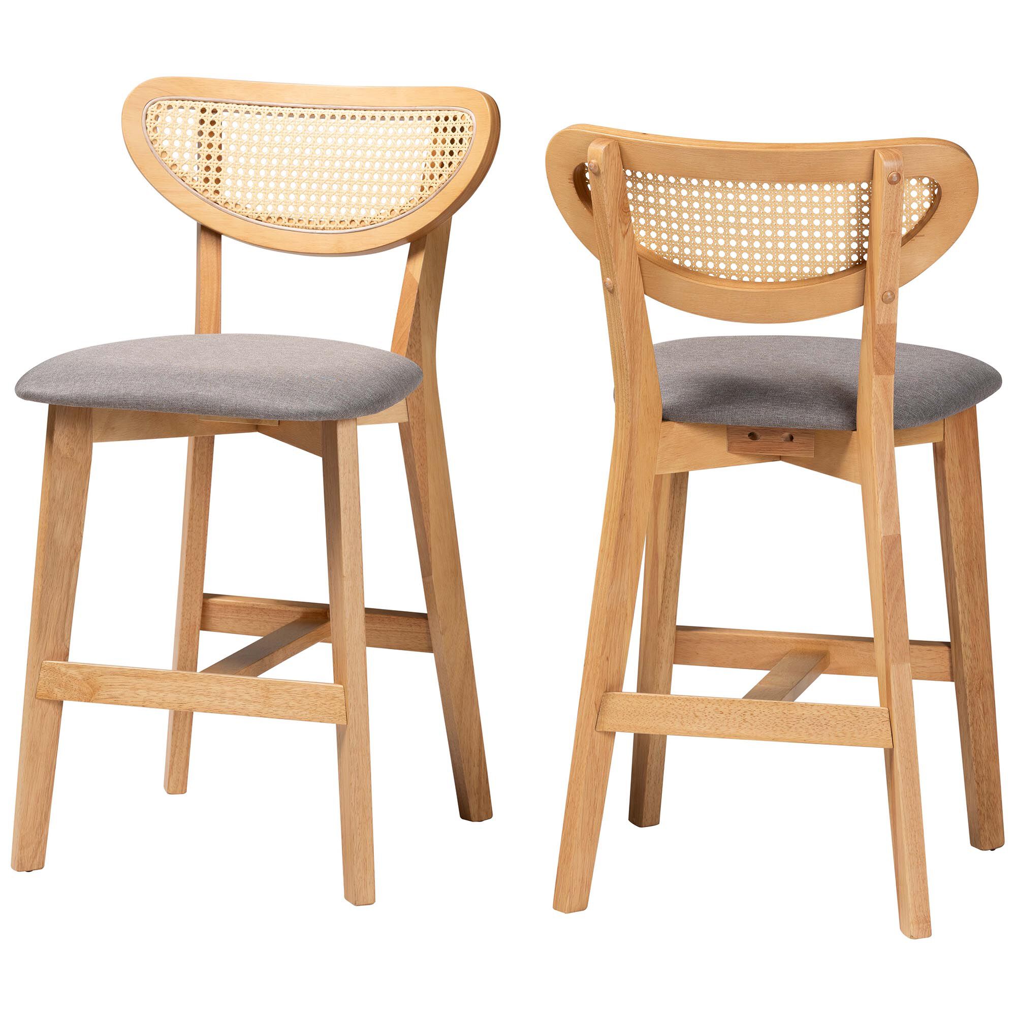 Dannell Mid-Century Modern Grey Fabric and Natural Oak Finished Wood 2-Piece Counter Stool Set, GREY, alternate image number 2
