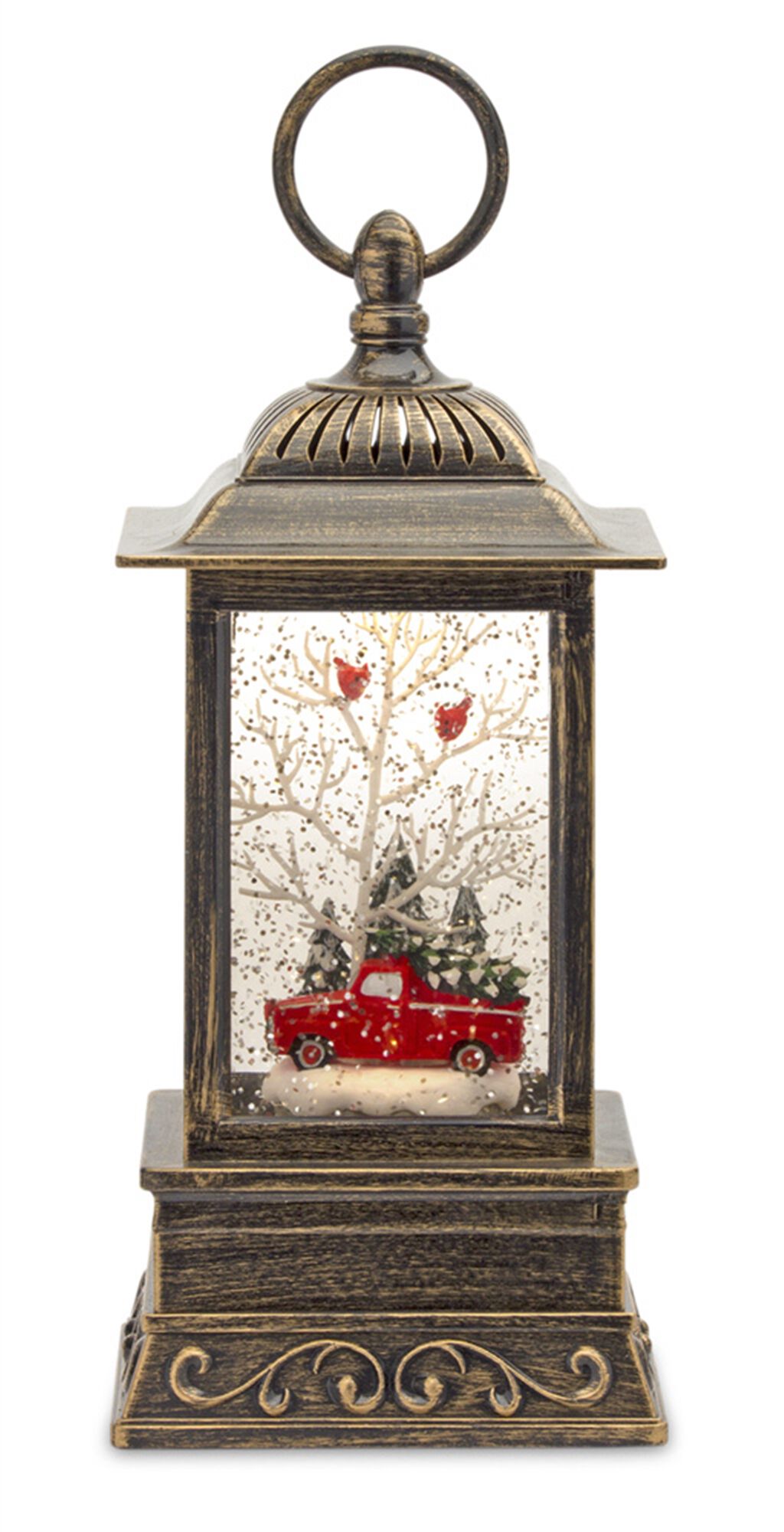 LED Snow Globe Lantern with Truck and Forest Scene 10.25 inchesH, RED GREEN WHITE, hi-res image number 0
