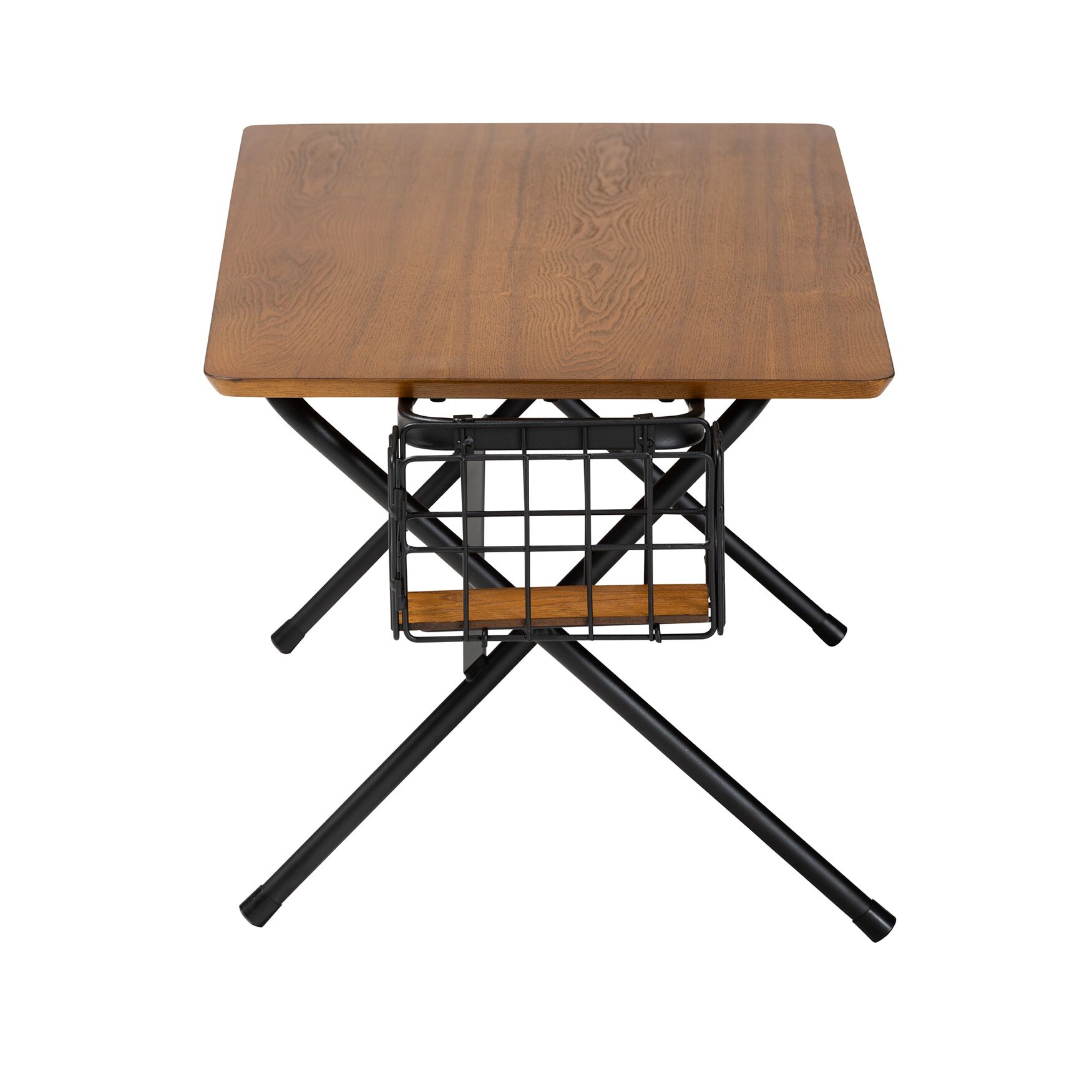 Square coffee table with natural brown wood top and black metal frame, featuring a wire basket underneath.