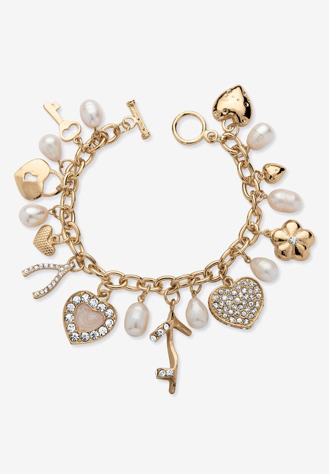 Gold Tone Charm Bracelet Crystal and Cultured Freshwater Pearl 8 inches, CRYSTAL, hi-res image number null