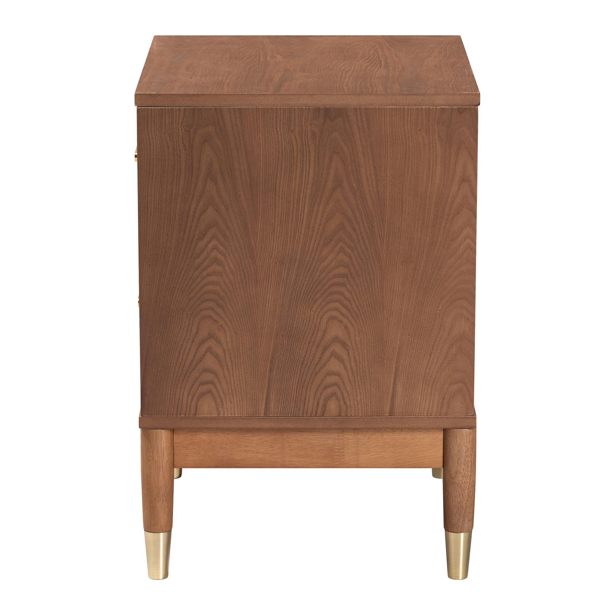 Mandolin Mid-Century Ash Walnut Wood 2-Drawer Nightstand, BROWN, alternate image number 4