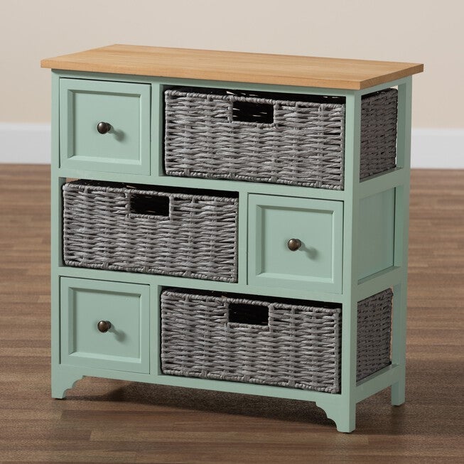 Valtina Modern And Contemporary Two-Tone Oak Brown And Mint Green Finished Wood 3-Drawer Storage Unit With Baskets, , alternate image number 8