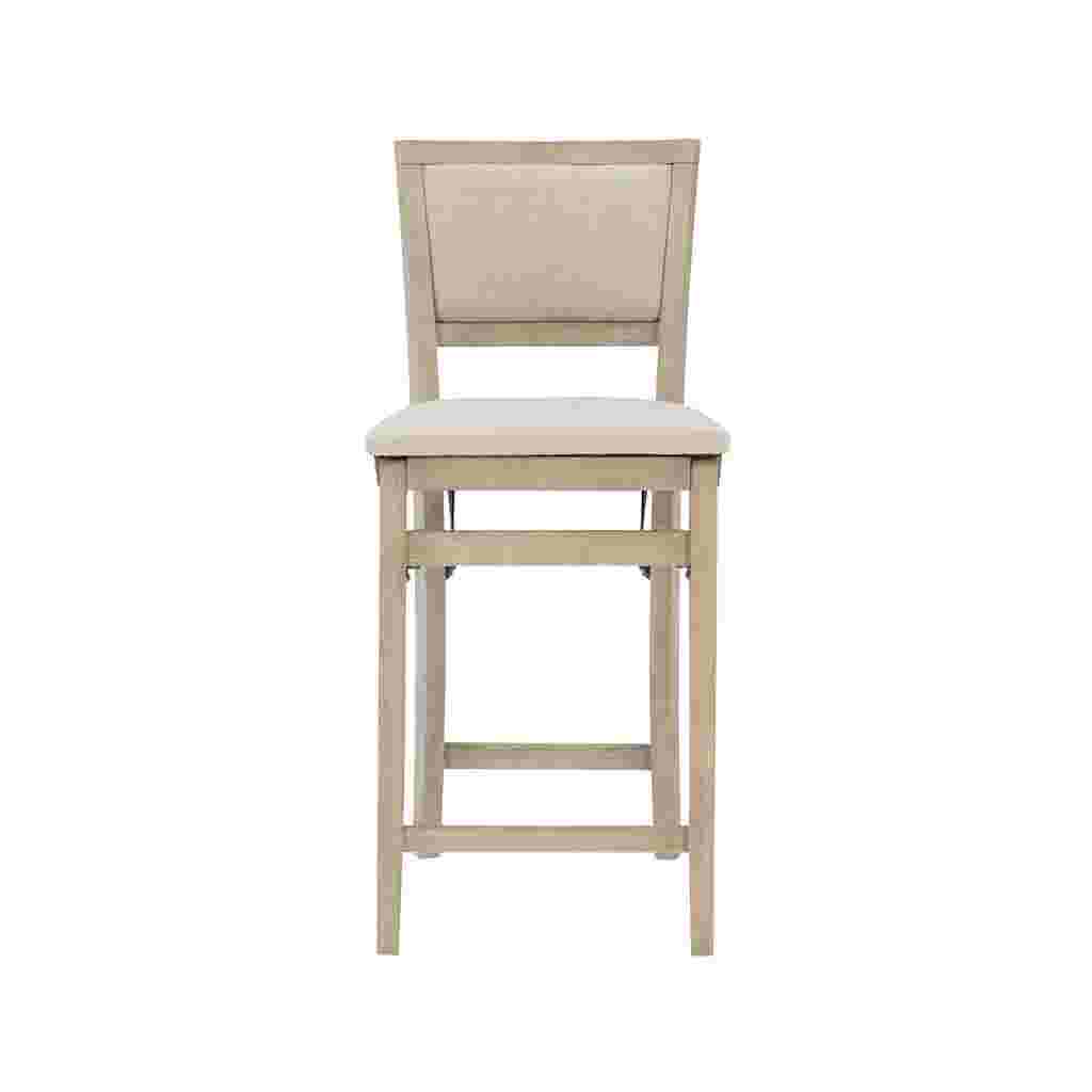 Grey wash folding counter stool with beige cushioned seat and back