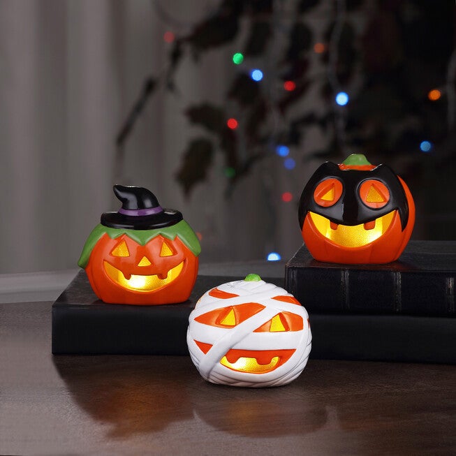 Collectible LED Ceramic Pumpkins, Set of 3, MULTI, hi-res image number 0