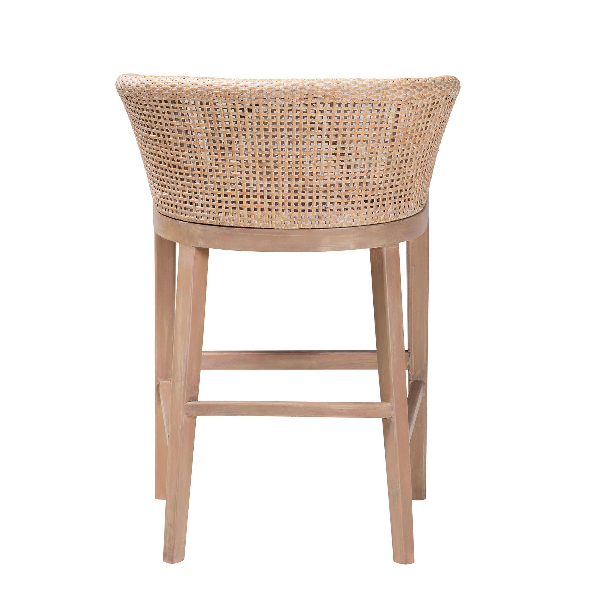 Papua Modern Bohemian Antique White Washed Rattan and Mahogany Wood Counter Stool, BROWN, alternate image number 4