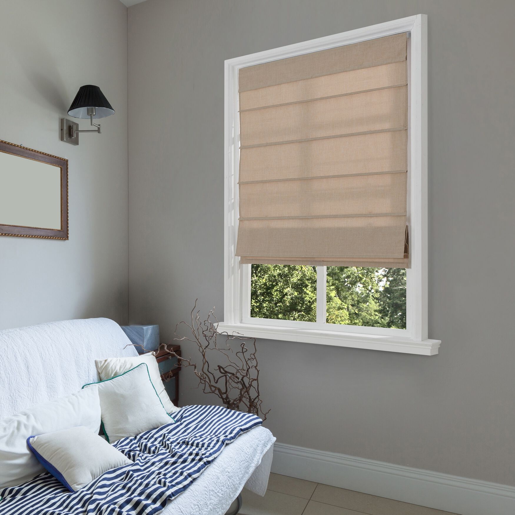 Cordless Light Filtering Fabric Roman Shades, LINEN, hi-res image number 0