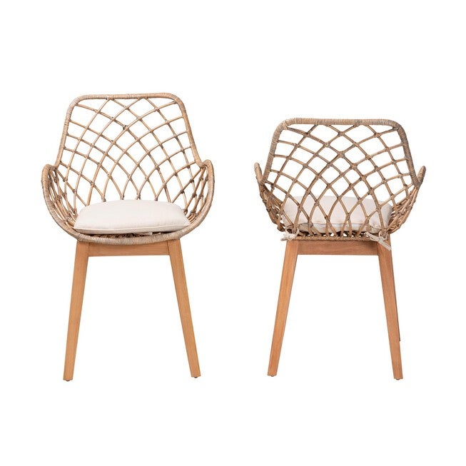 Ballerina Modern Bohemian Greywashed Rattan And Natural Brown Finished Wood 2-Piece Dining Chair Set, , on-hover image number 1
