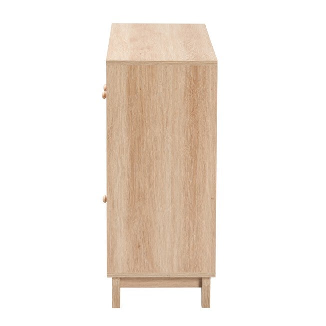 Elsbeth Mid-Century Modern Light Brown Finished Wood And Natural Rattan 3-Door Sideboard, , alternate image number null