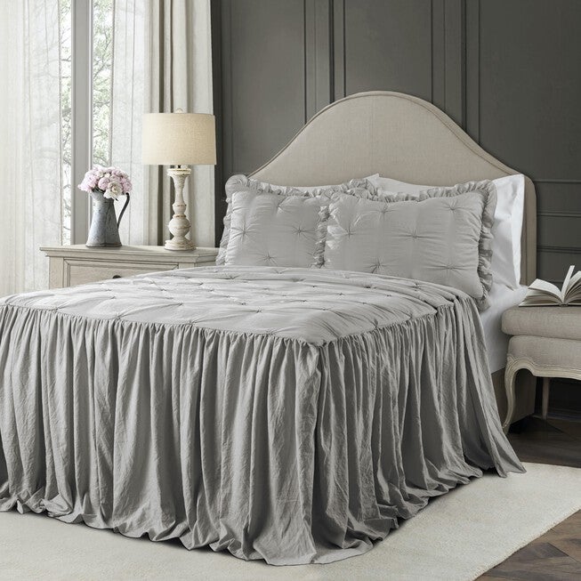 Ravello Pintuck Ruffle Skirt Bedspread 3 Pc Set, LIGHT GRAY, hi-res image number 0