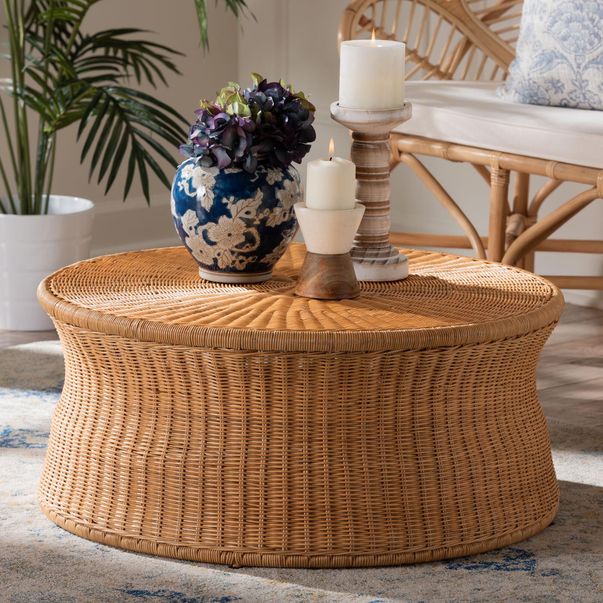 Caroline Round Natural Rattan Coffee Table, LIGHT HONEY, hi-res image number 0