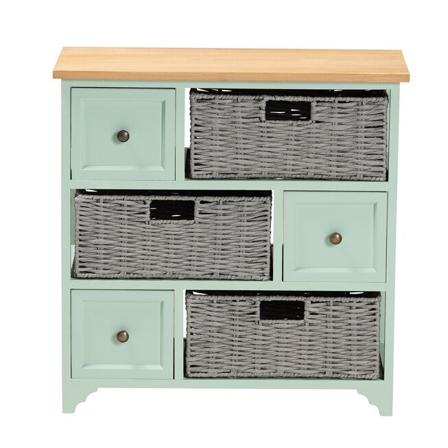 Valtina Modern And Contemporary Two-Tone Oak Brown And Mint Green Finished Wood 3-Drawer Storage Unit With Baskets, , alternate image number 2