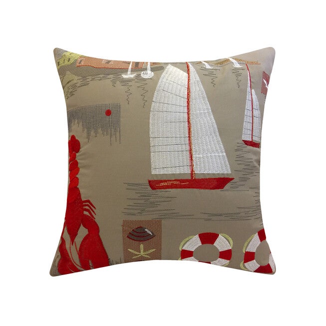 Edie @ Home Indoor/Outdoor Embroidered Lobster Sailing Decorative Throw Pillow 17X17, Khaki, KHAKI MULTI, hi-res image number null