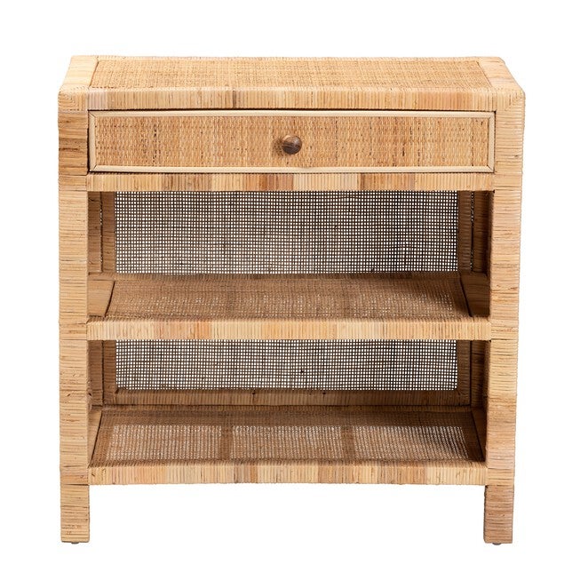 Bella Modern Bohemian Natural Brown Mahogany Wood And Natural Rattan 1-Drawer Console Table, , alternate image number null