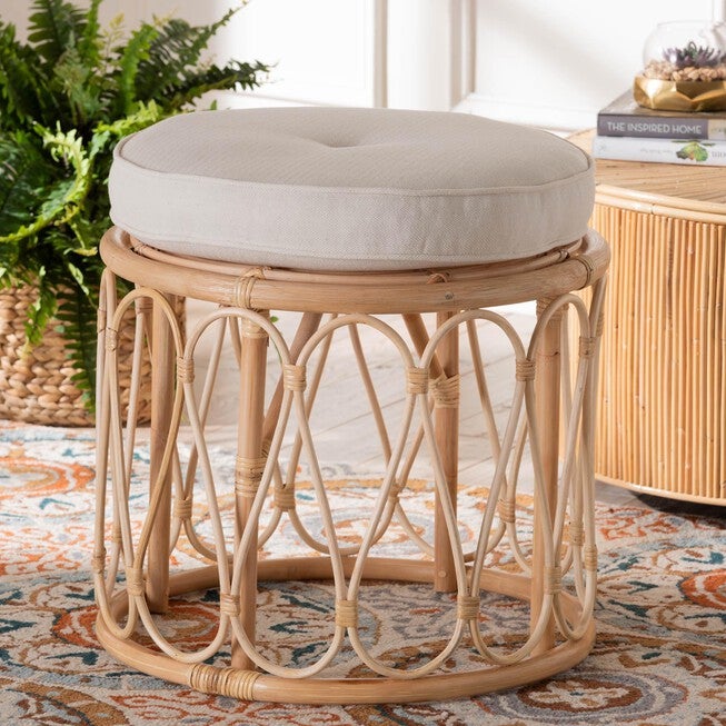 Hachiro Bohemian Natural Rattan Ottoman Footstool, , alternate image number null