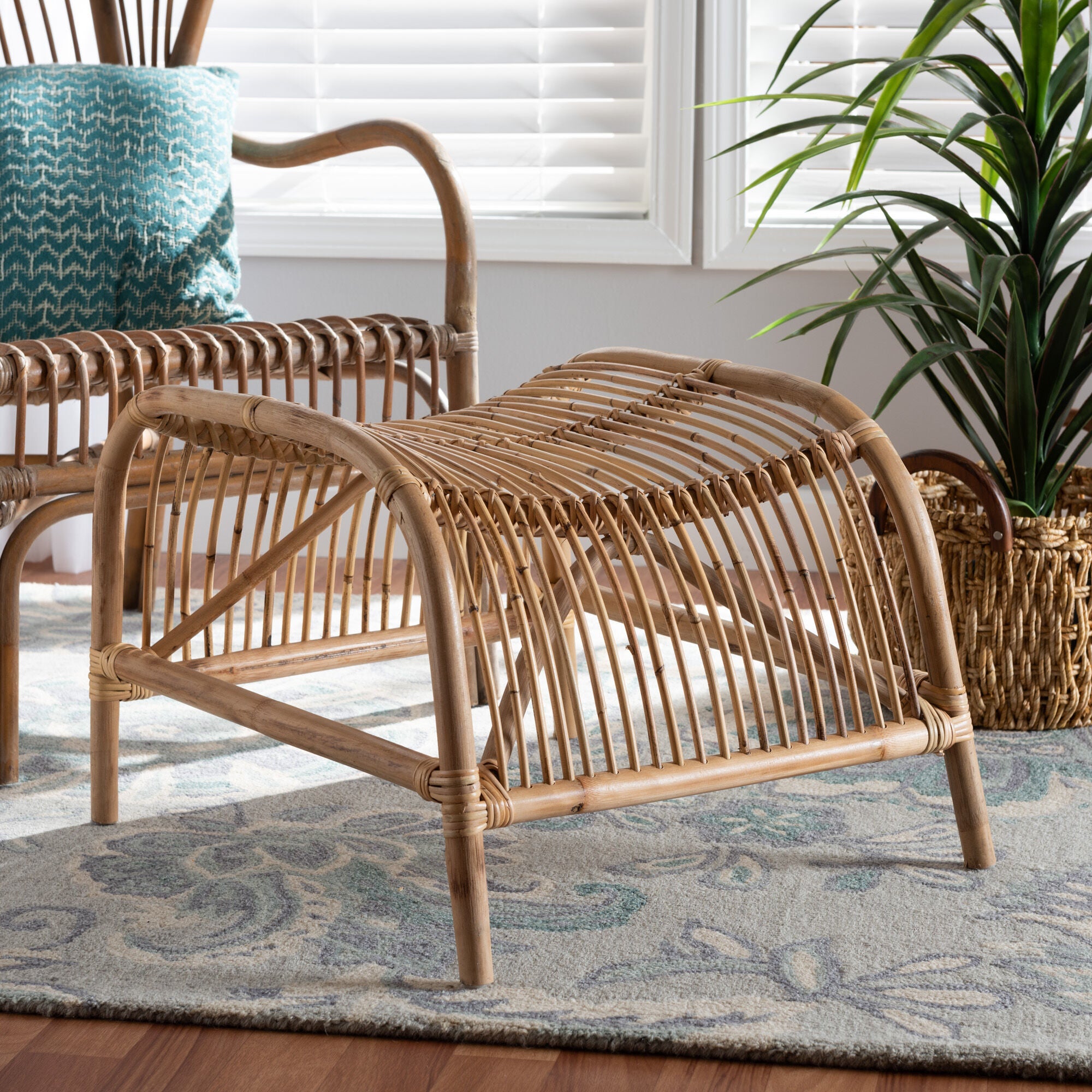 Lamaria Modern Bohmenian Natural Brown Antique Rattan Footstool, NATURAL BROWN, alternate image number 5