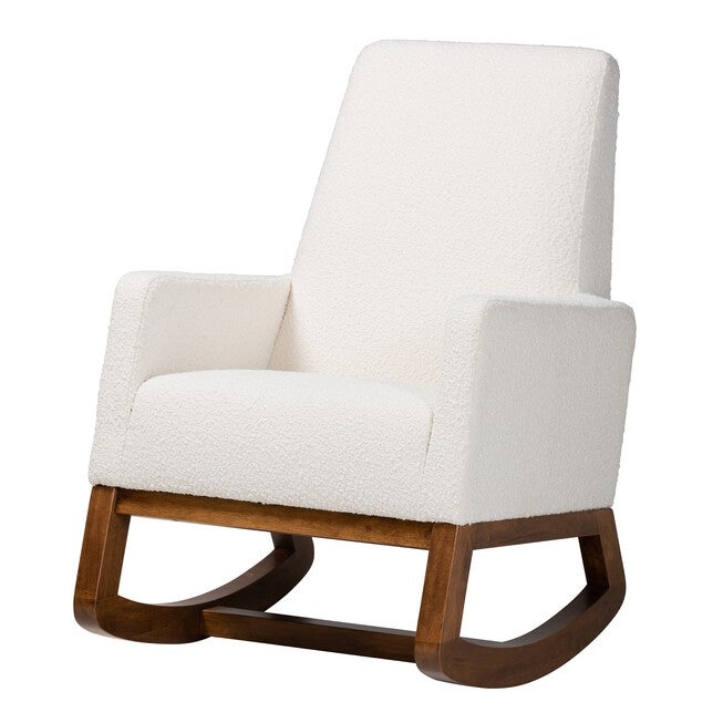 Yashiya Mid-Century Modern Off-White Boucle Upholstered And Walnut Brown Finished Wood Rocking Chair, OFF WHITE WALNUT BROWN, hi-res image number null