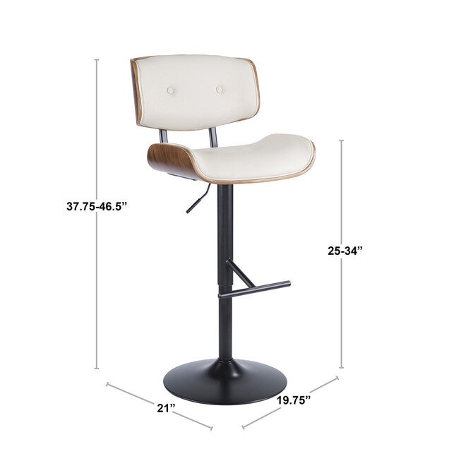 Lombardi Mid-Century Modern Adjustable Barstool In Walnut With Faux Leather Upholstery, , alternate image number null