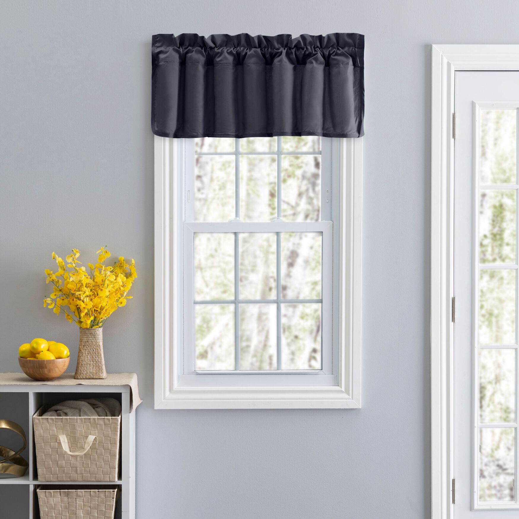 Stacey Curtain Color Lined Swag Set Filler Valance, NAVY, hi-res image number 0