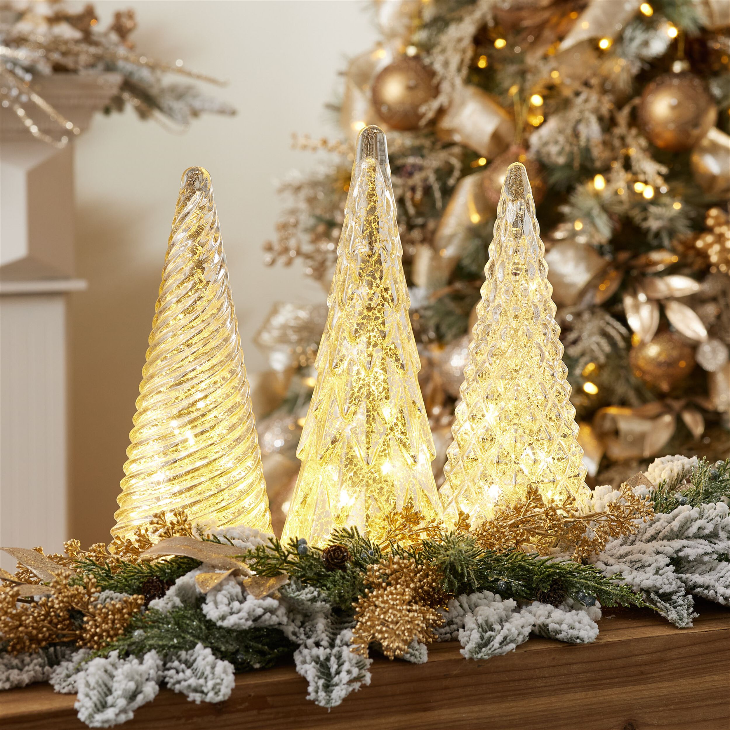 LED Textured Mercury Glass Tree (Set of 3), GOLD, alternate image number 5