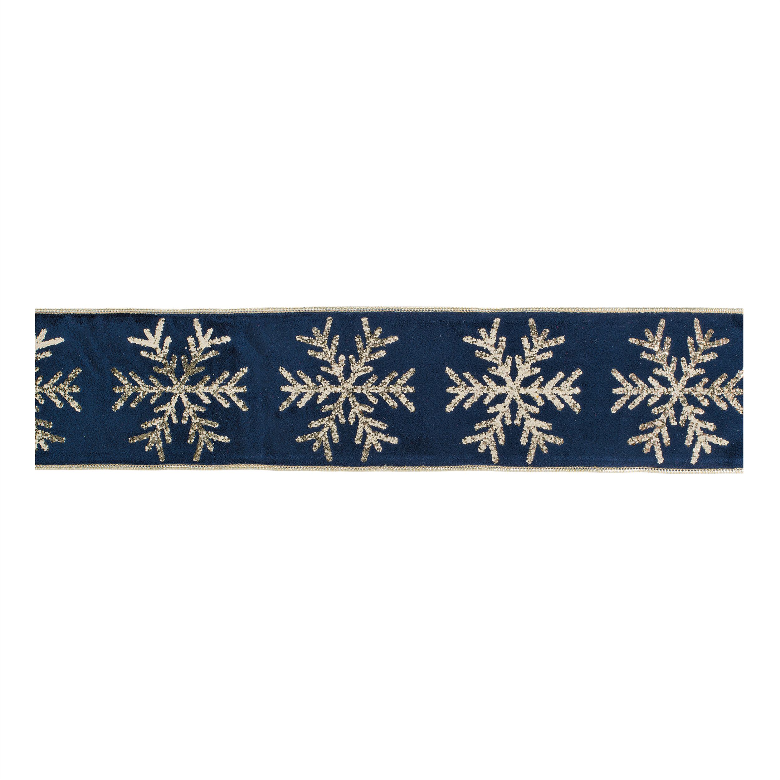 Snowflake Velvet Wired Ribbon 4 inches x 5 Yds., BLUE SILVER, hi-res image number 0