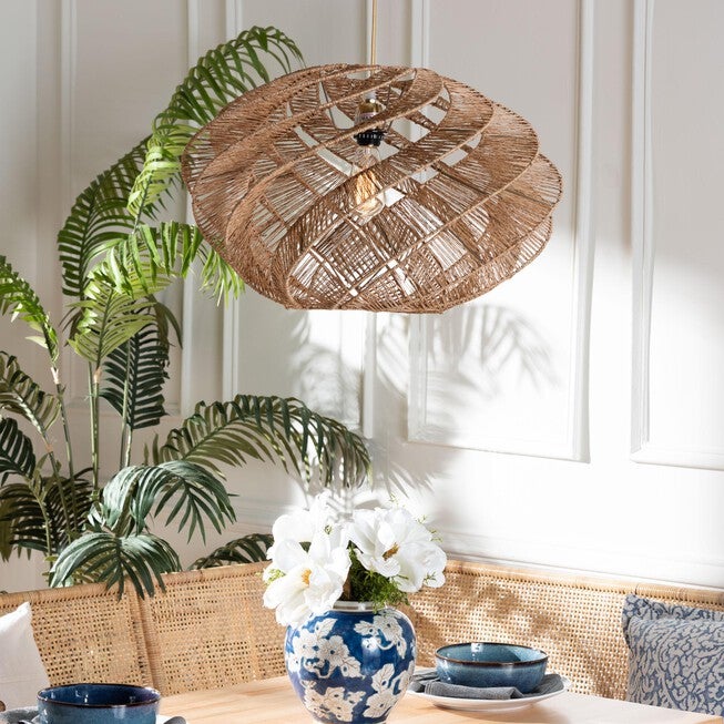 Enola Handwoven Jute Pendant Lampshade - Boho Chic Ceiling Light Cover with Twisted Spiral Design, BROWN, hi-res image number null