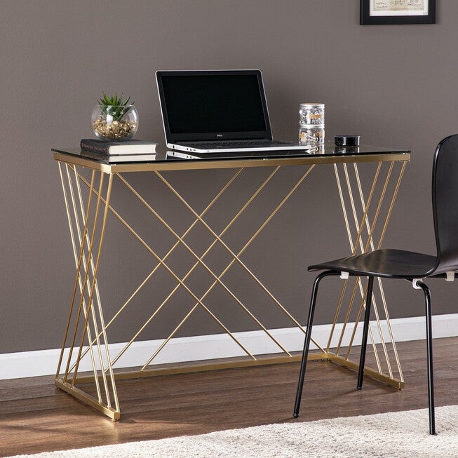 Dezby Modern Glass Top Desk, GOLD, hi-res image number null