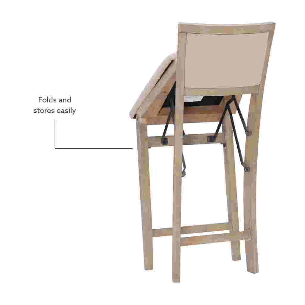 Grey wash folding counter stool with text indicating it folds and stores easily