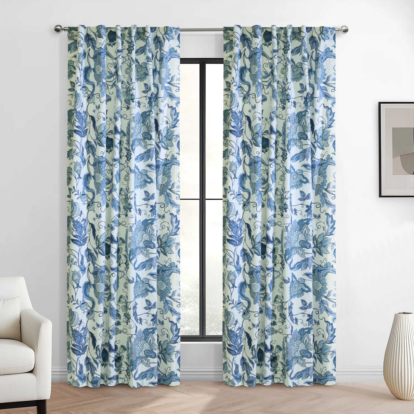 Jacobean Garden Light Filtering Dual Header Curtain Panel, BLUE, hi-res image number 0