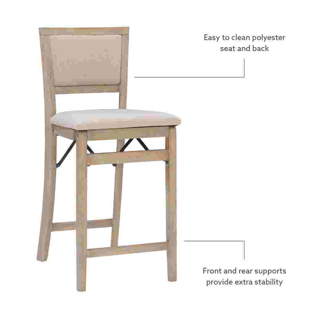 Grey wash folding counter stool with text highlighting its features