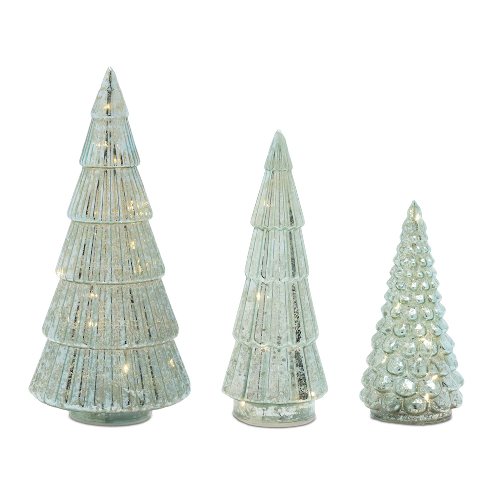 LED Green Mercury Glass Tree (Set of 3), GREEN, alternate image number 1