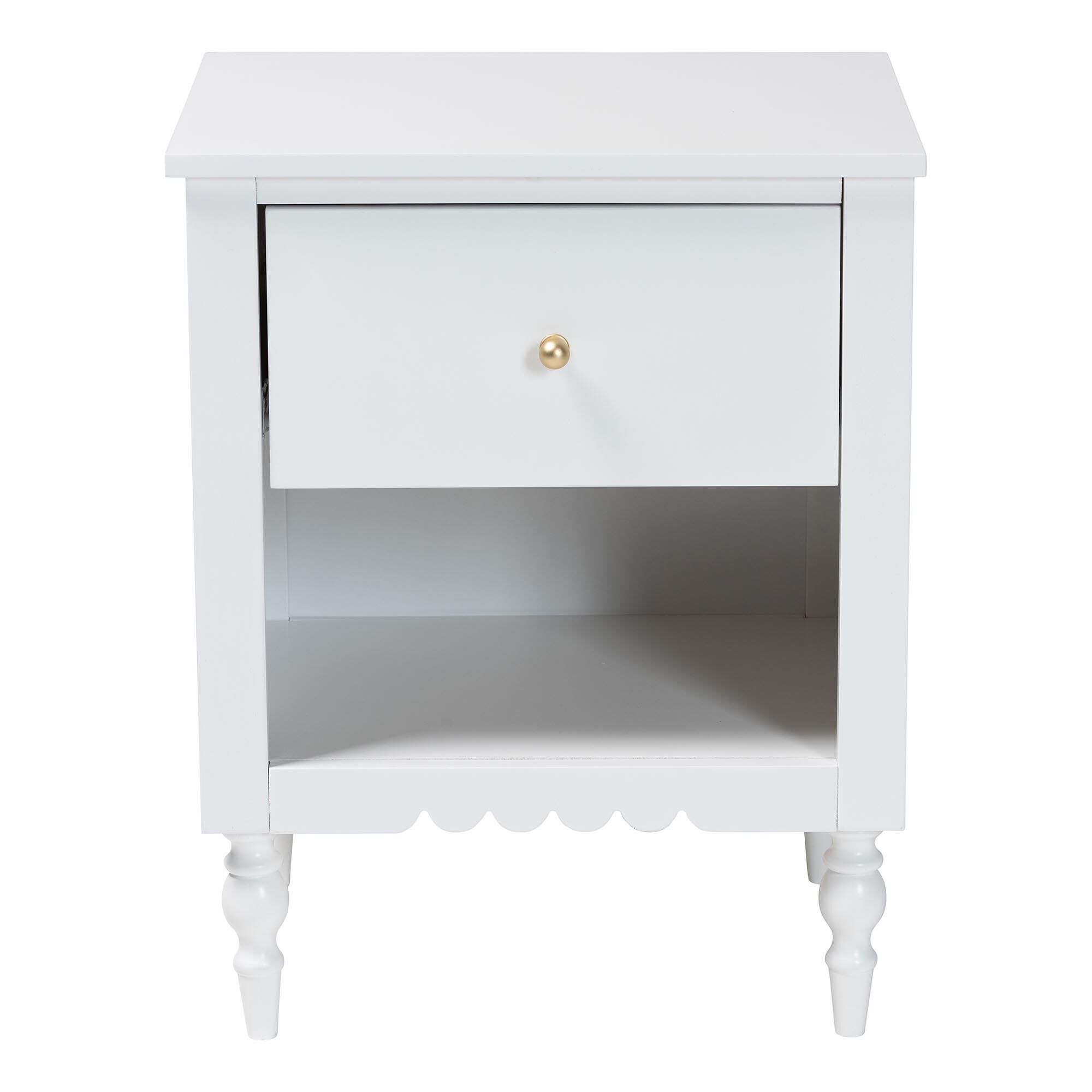 Roni Modern White Wood 1-Drawer Nightstand with Scalloped Edges, WHITE, alternate image number 3