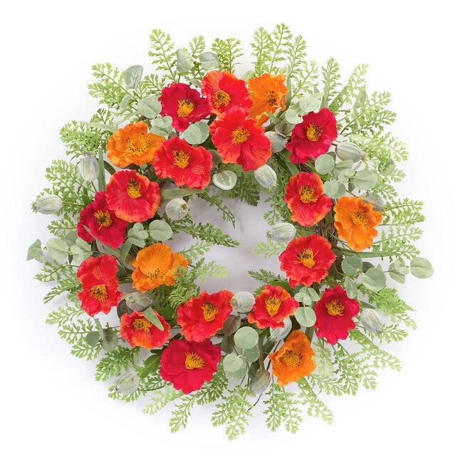 Poppy And Fern Floral Wreath 18.5 inchesD, RED, hi-res image number null