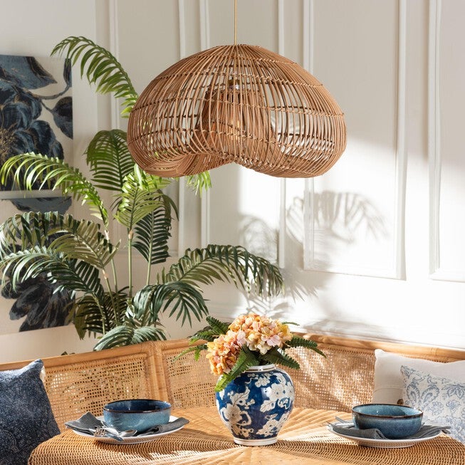 Hansa Natural Rattan Pendant Lampshade - Handcrafted Dome-Shape Ceiling Light Cover, BROWN, alternate image number null