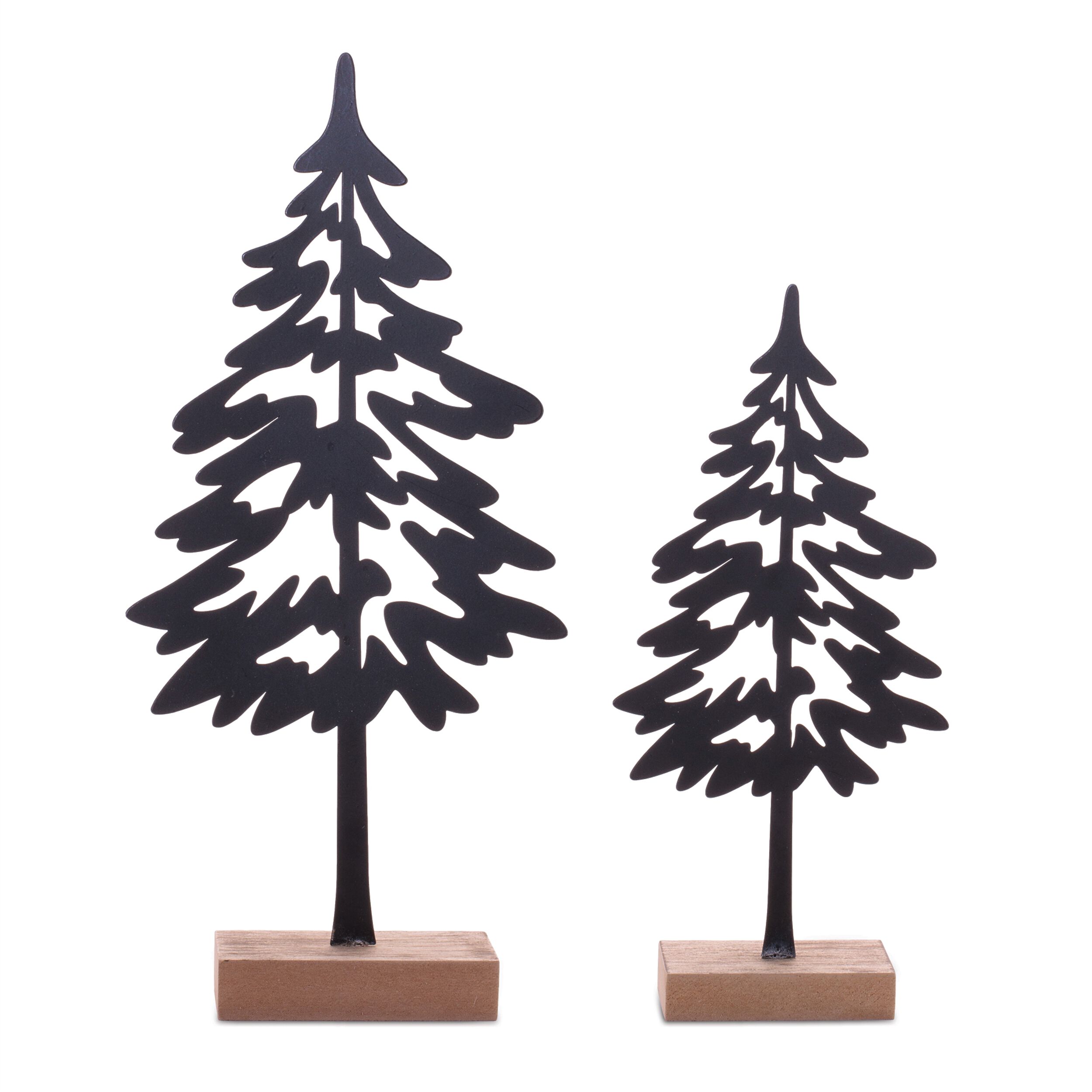 Cut-Out Metal Pine Tree with Wood Base (Set of 2), BLACK BROWN, hi-res image number 0