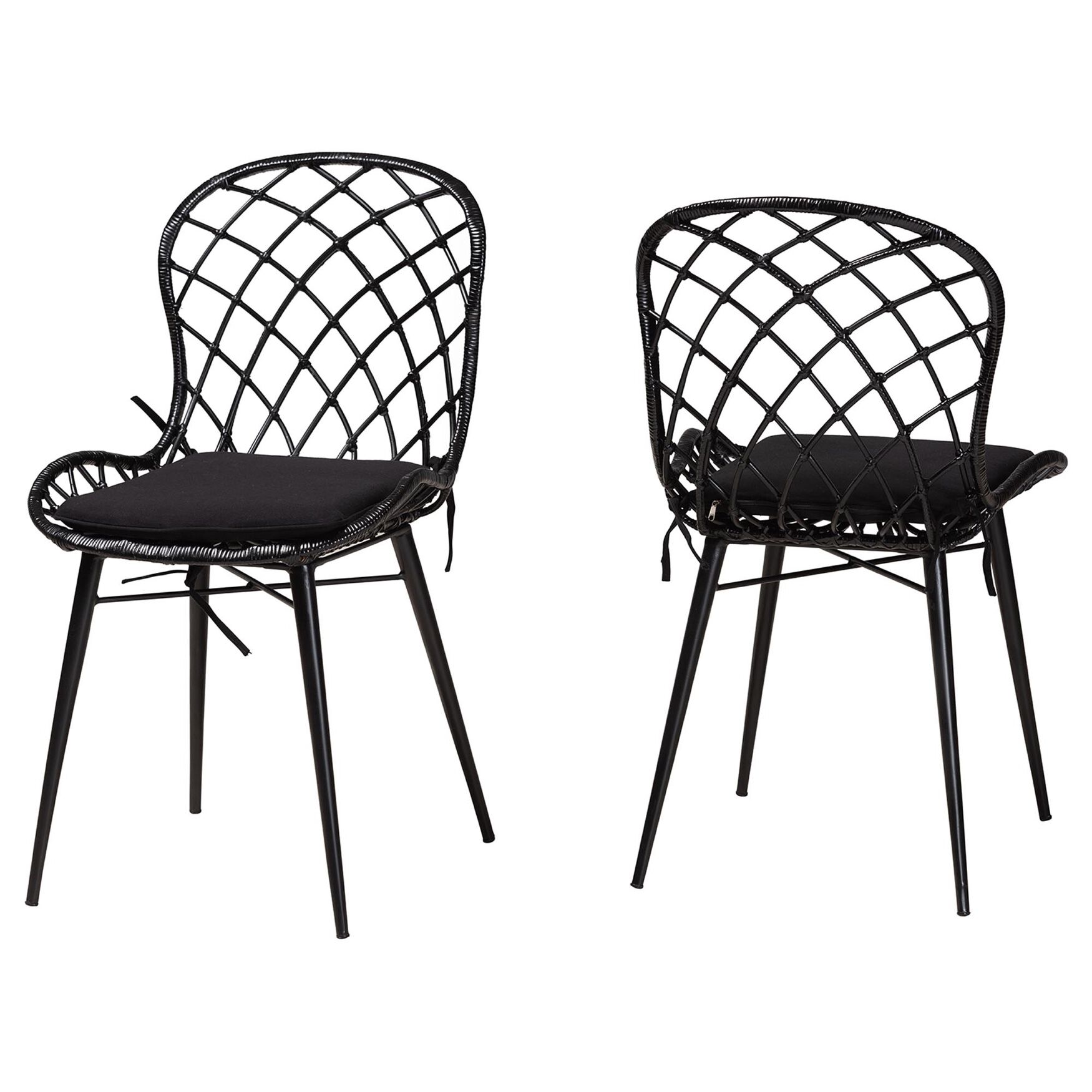 Sabelle Modern Bohemian Black Finished Rattan And Metal Dining Chair, BLACK RATTAN, hi-res image number 0