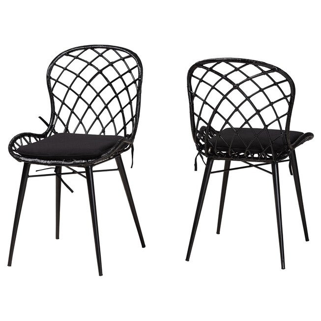 Sabelle Modern Bohemian Black Finished Rattan And Metal Dining Chair, BLACK RATTAN, hi-res image number 0