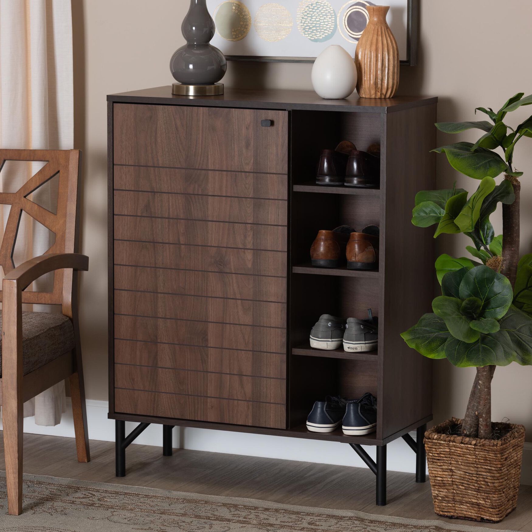 Josette Mid-Century Modern Transitional Walnut Brown Finished Wood 1-Door Shoe Cabinet, , alternate image number 7