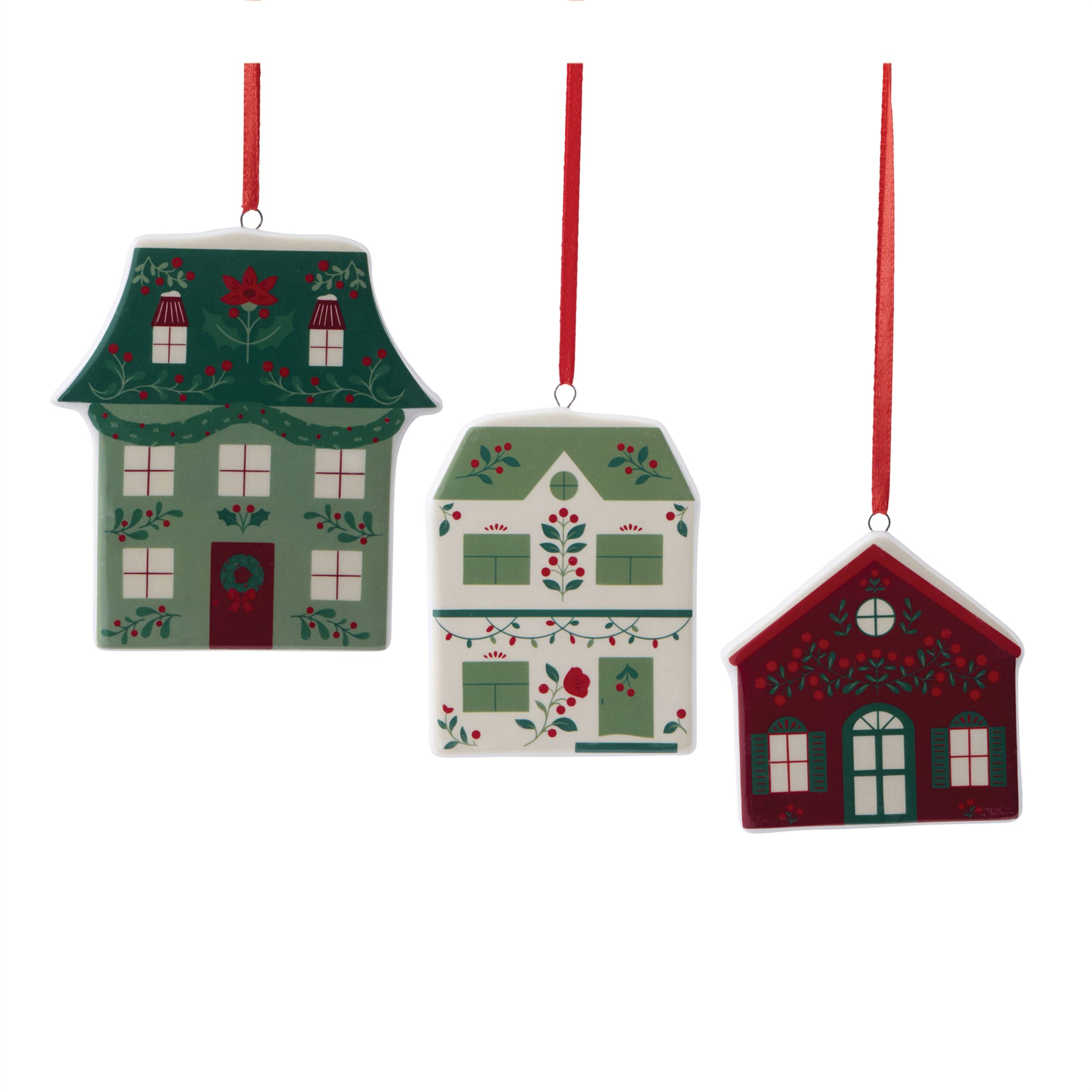 Ceramic House Ornament Assortment  (Set of 9), GREEN CREAM RED, hi-res image number 0