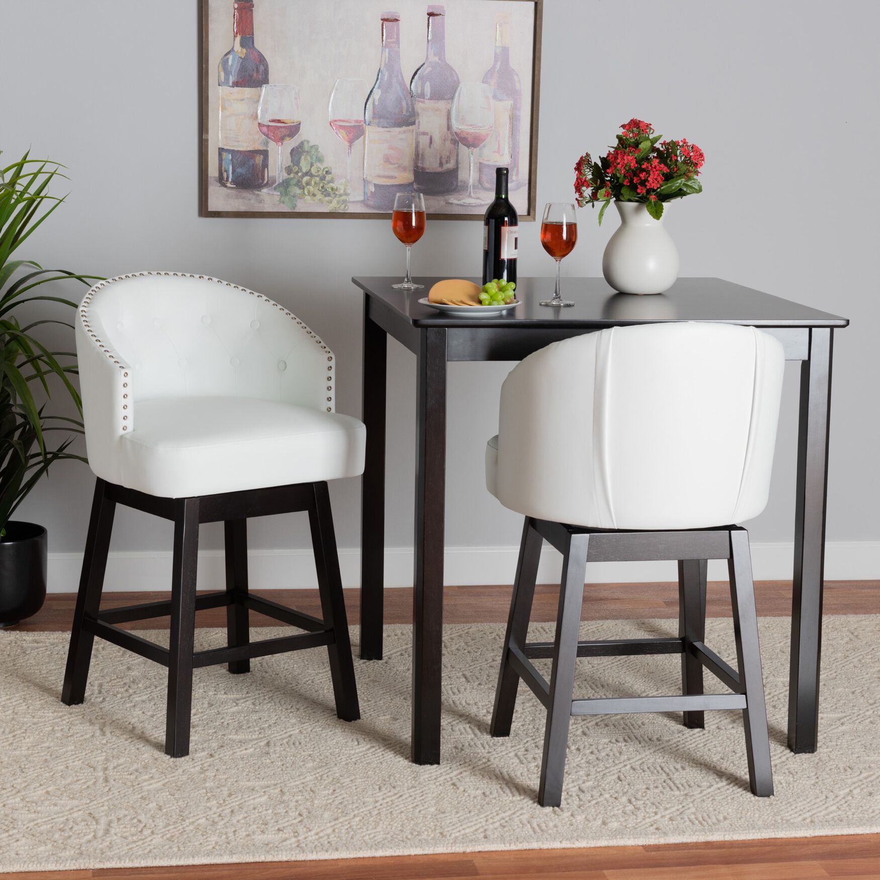 Theron Mid-Century Transitional Black Faux Leather and Espresso Brown Finished Wood 2-Piece Swivel Counter Stool Set, , alternate image number 27