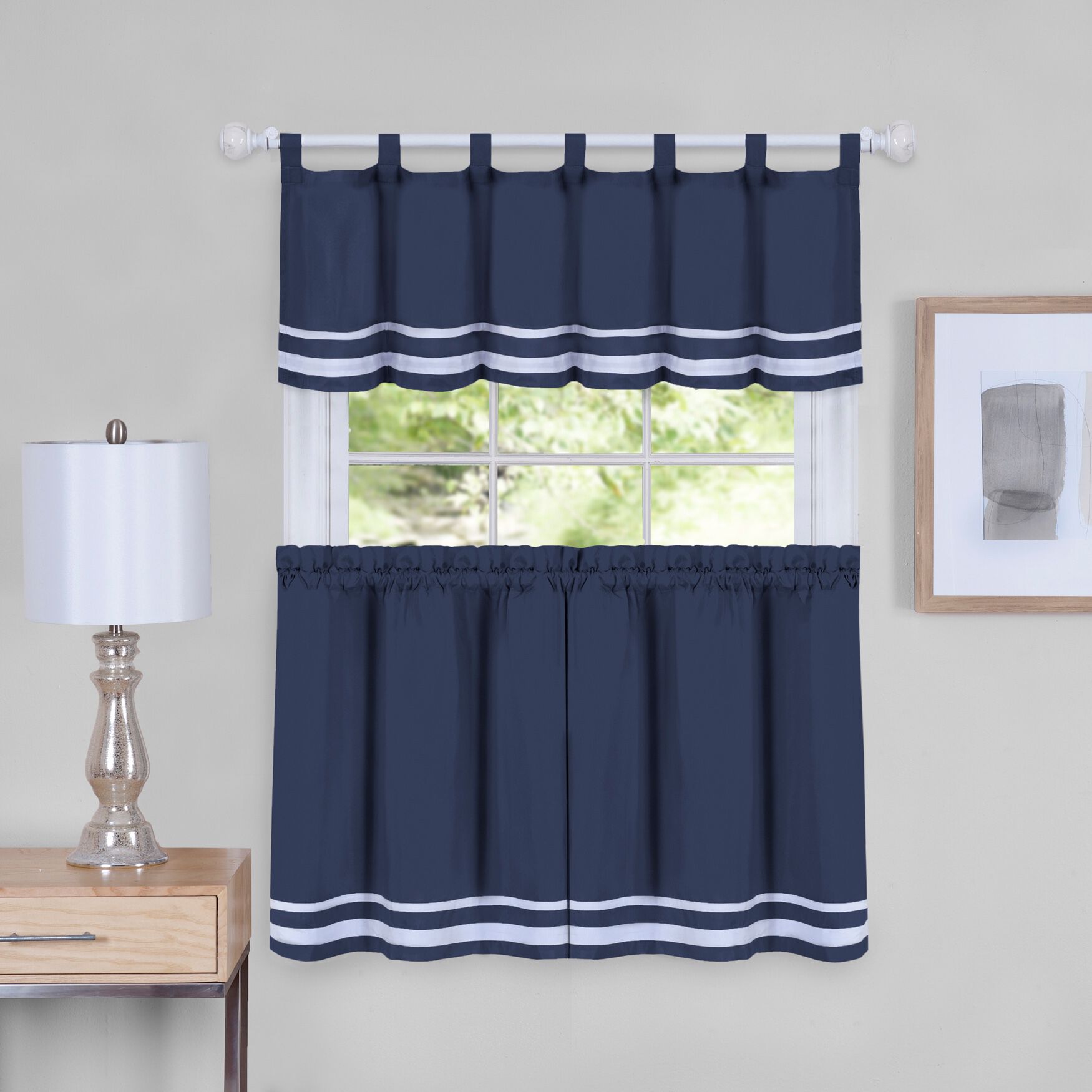 Dakota Window Curtain Tier Pair and Valance Set, NAVY, hi-res image number 0