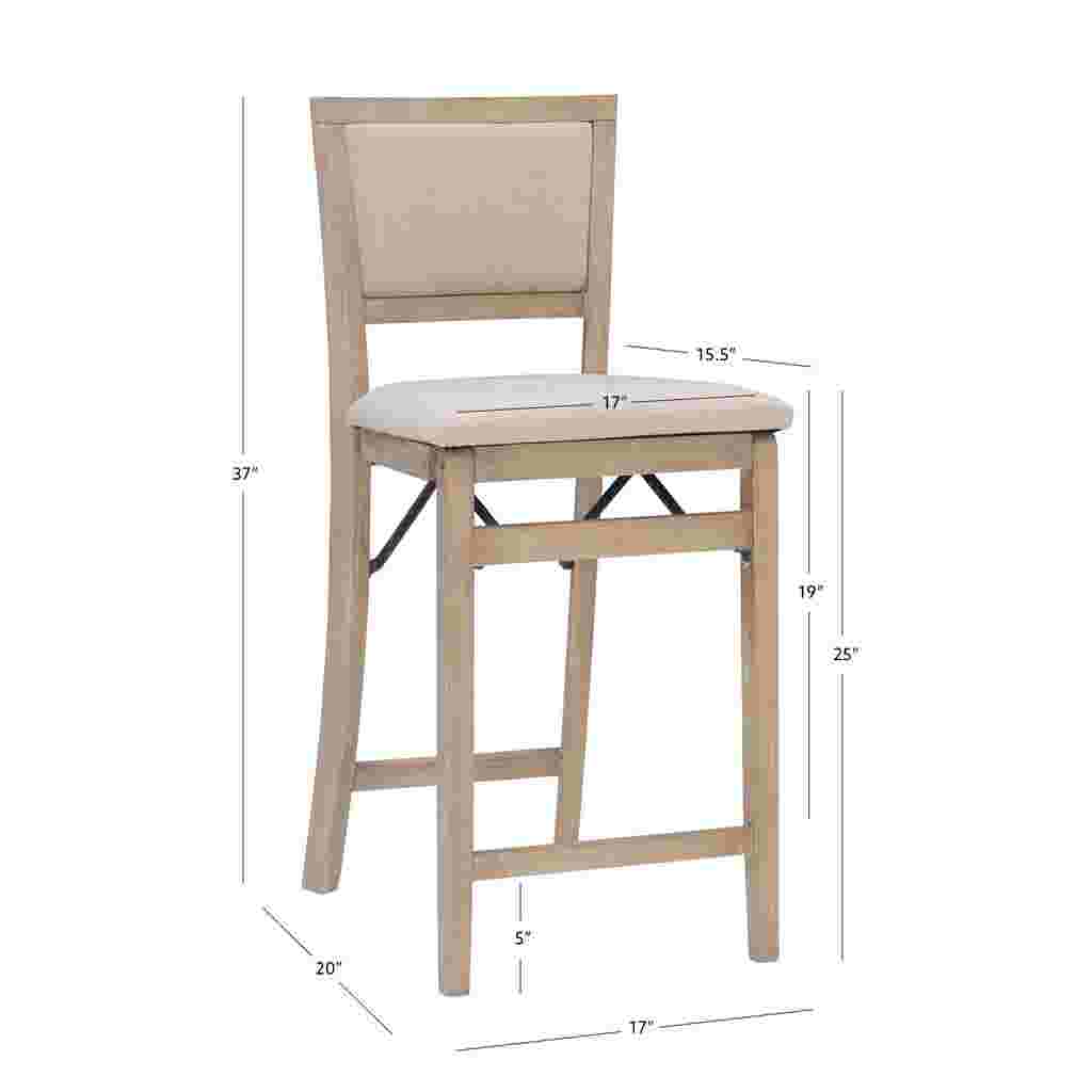 Grey wash folding counter stool with dimensions indicated