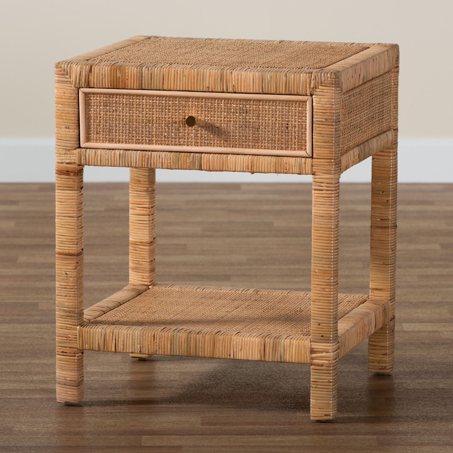 Adelia Modern Bohemian Natural Rattan And Mahogany Wood 1-Drawer Nightstand, , alternate image number 9