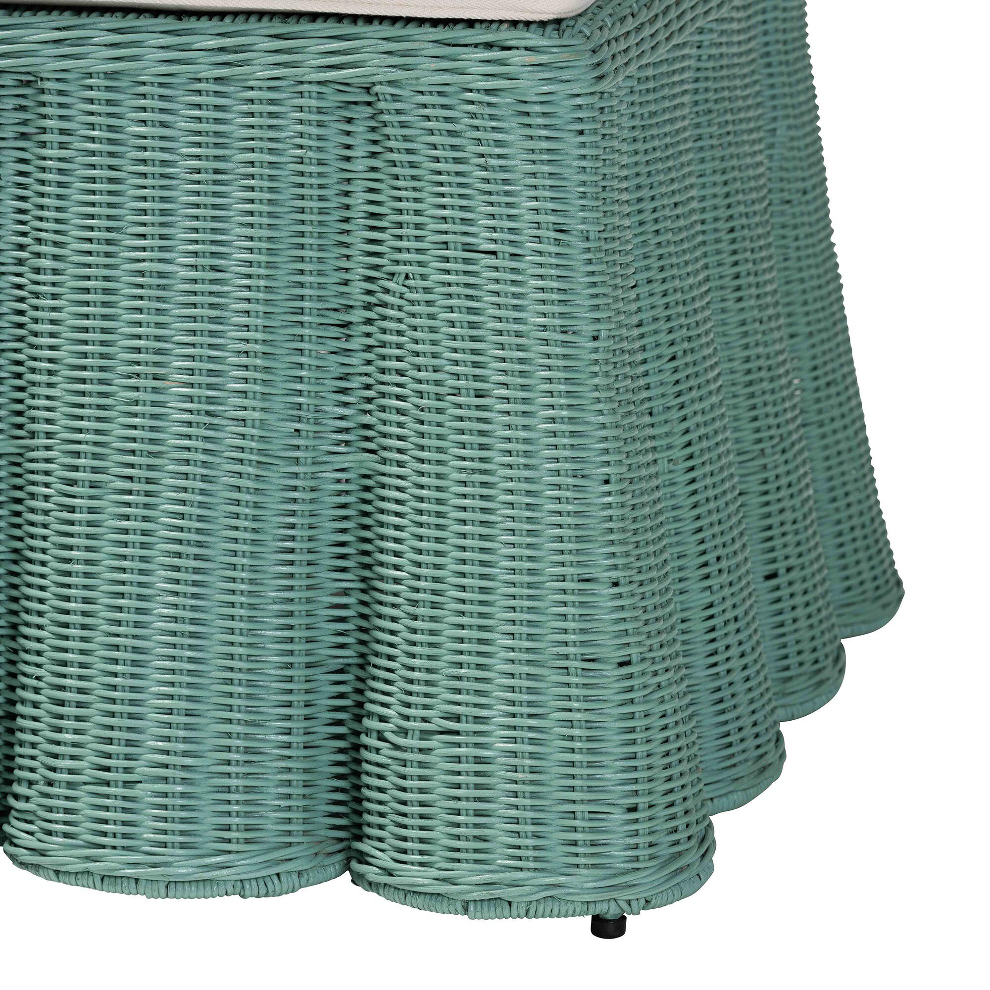 Palm Bohemian White Scallop Rattan Ottoman, GREEN, alternate image number 3