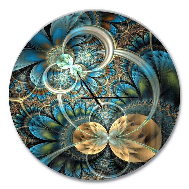 Symmetrical Blue Gold Fractal Flower Modern Wall Clock, , alternate image number 1