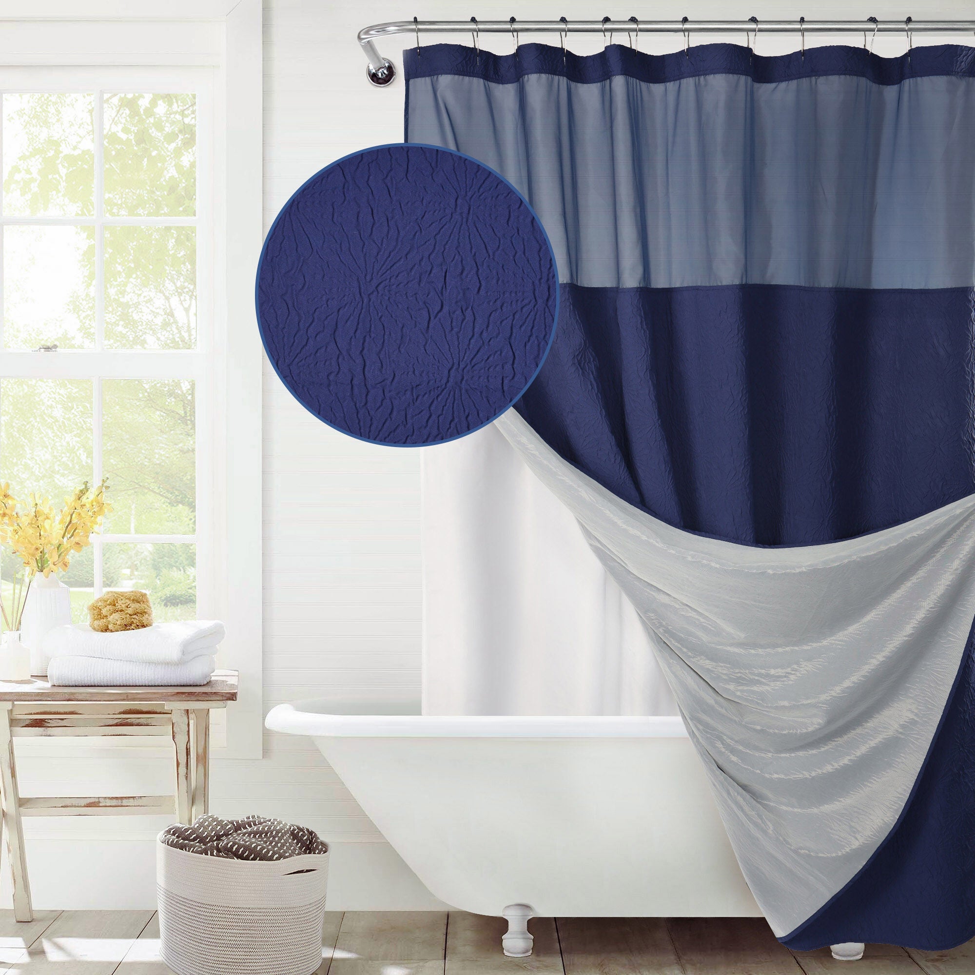Starburst Crinkle Shower Curtain with Snap-in Liner, Hooks Included, NAVY, hi-res image number 0