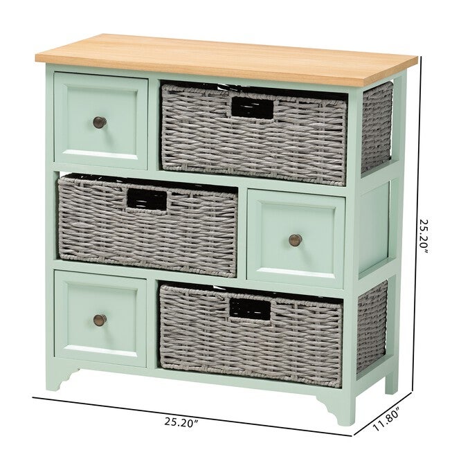 Valtina Modern And Contemporary Two-Tone Oak Brown And Mint Green Finished Wood 3-Drawer Storage Unit With Baskets, , alternate image number 6